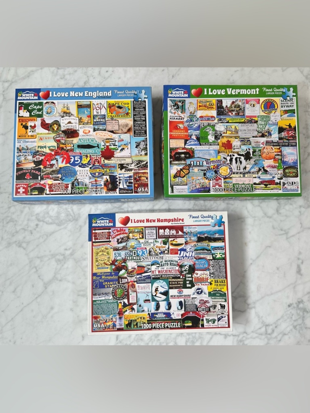 Lot of 3 White Mountain 1000 piece New England puzzles: Vermont, New Hampshire